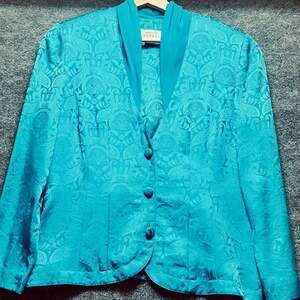 Vintage Adrianna Papell 100% Silk Teal Paisley Jacquard Evening Jacket Mock Neck
